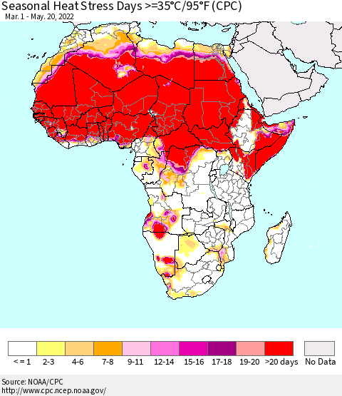 Africa Seasonal Heat Stress Days >=35°C/95°F (CPC) Thematic Map For 3/1/2022 - 5/20/2022