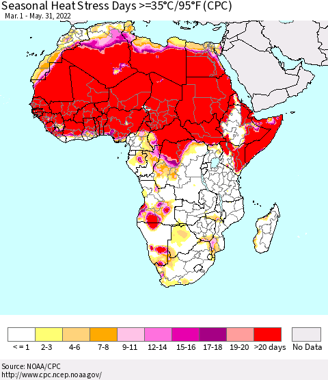 Africa Seasonal Heat Stress Days >=35°C/95°F (CPC) Thematic Map For 3/1/2022 - 5/31/2022