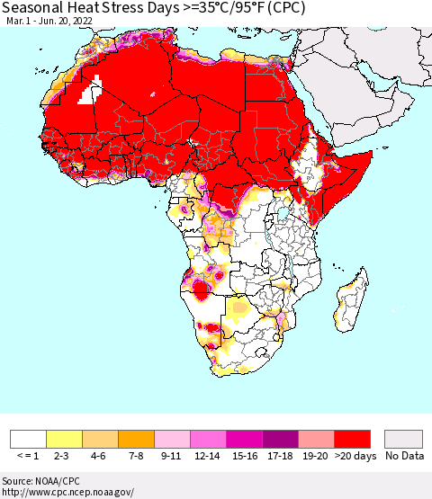 Africa Seasonal Heat Stress Days >=35°C/95°F (CPC) Thematic Map For 3/1/2022 - 6/20/2022