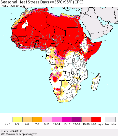 Africa Seasonal Heat Stress Days >=35°C/95°F (CPC) Thematic Map For 3/1/2022 - 6/30/2022