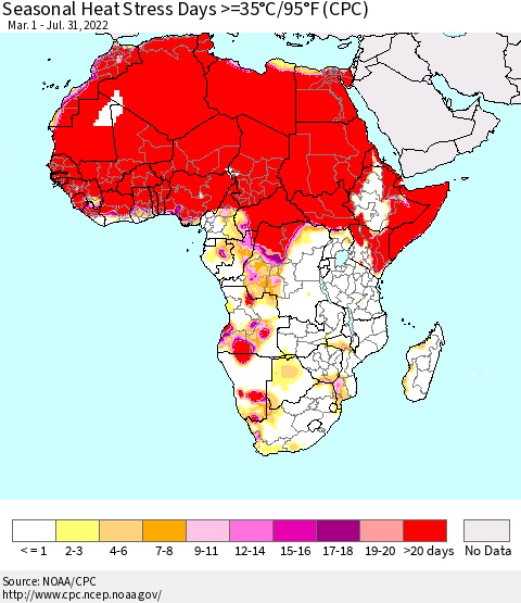 Africa Seasonal Heat Stress Days >=35°C/95°F (CPC) Thematic Map For 3/1/2022 - 7/31/2022