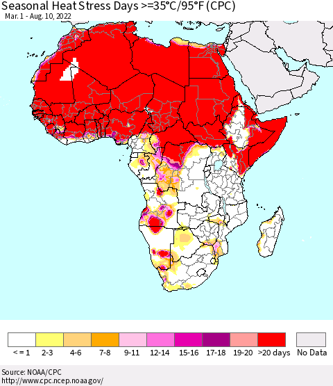 Africa Seasonal Heat Stress Days >=35°C/95°F (CPC) Thematic Map For 3/1/2022 - 8/10/2022