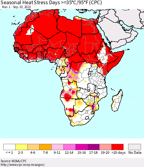 Africa Seasonal Heat Stress Days >=35°C/95°F (CPC) Thematic Map For 3/1/2022 - 9/10/2022