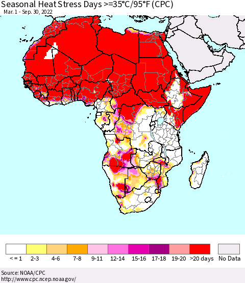 Africa Seasonal Heat Stress Days >=35°C/95°F (CPC) Thematic Map For 3/1/2022 - 9/30/2022