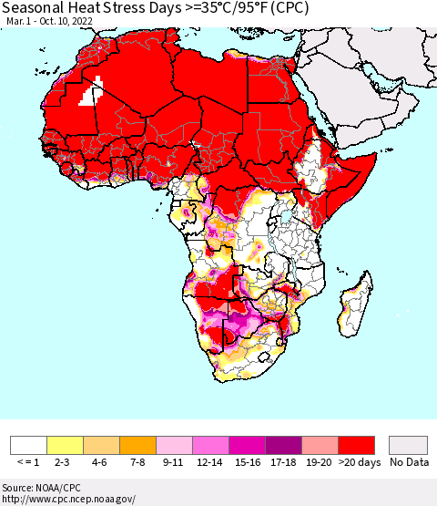 Africa Seasonal Heat Stress Days >=35°C/95°F (CPC) Thematic Map For 3/1/2022 - 10/10/2022
