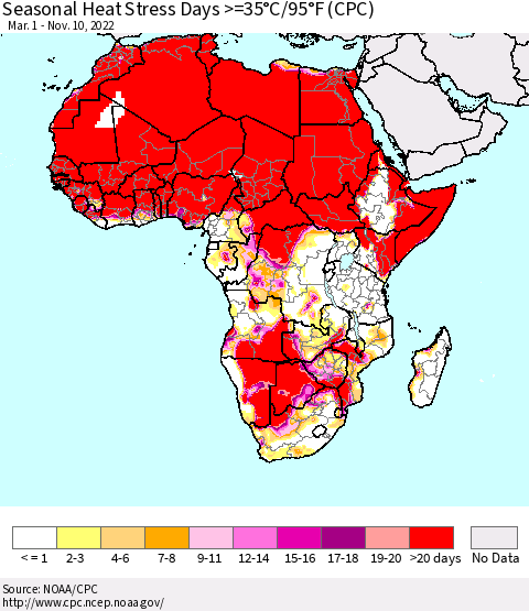 Africa Seasonal Heat Stress Days >=35°C/95°F (CPC) Thematic Map For 3/1/2022 - 11/10/2022