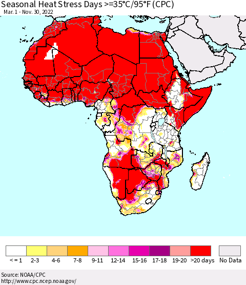 Africa Seasonal Heat Stress Days >=35°C/95°F (CPC) Thematic Map For 3/1/2022 - 11/30/2022