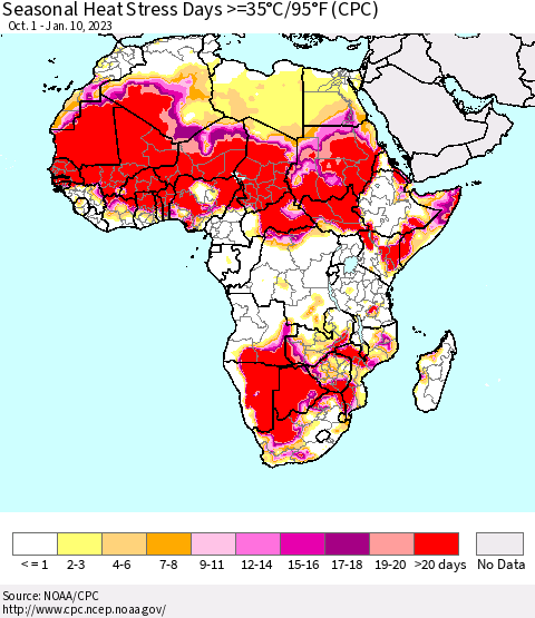 Africa Seasonal Heat Stress Days >=35°C/95°F (CPC) Thematic Map For 10/1/2022 - 1/10/2023