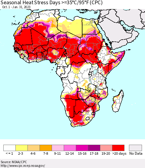 Africa Seasonal Heat Stress Days >=35°C/95°F (CPC) Thematic Map For 10/1/2022 - 1/31/2023