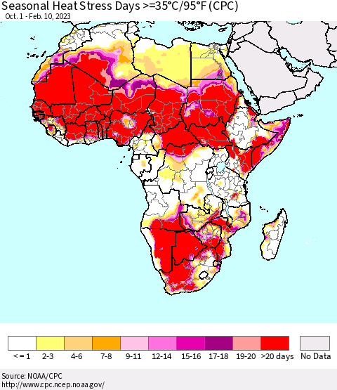 Africa Seasonal Heat Stress Days >=35°C/95°F (CPC) Thematic Map For 10/1/2022 - 2/10/2023