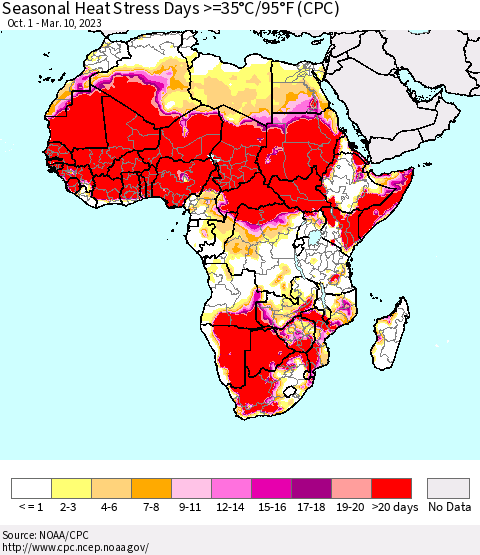 Africa Seasonal Heat Stress Days >=35°C/95°F (CPC) Thematic Map For 10/1/2022 - 3/10/2023