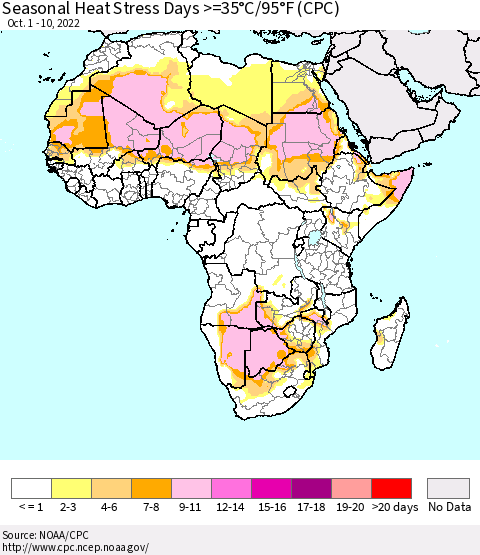 Africa Seasonal Heat Stress Days >=35°C/95°F (CPC) Thematic Map For 10/1/2022 - 10/10/2022