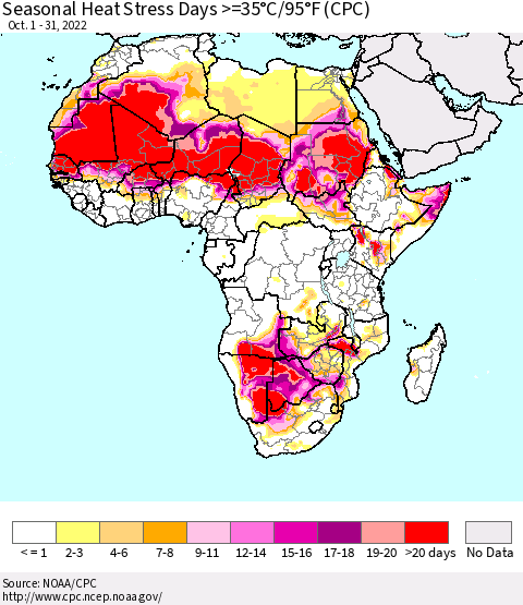 Africa Seasonal Heat Stress Days >=35°C/95°F (CPC) Thematic Map For 10/1/2022 - 10/31/2022