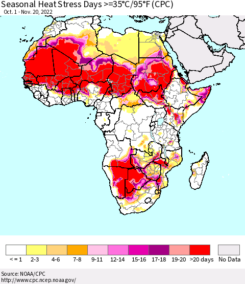 Africa Seasonal Heat Stress Days >=35°C/95°F (CPC) Thematic Map For 10/1/2022 - 11/20/2022