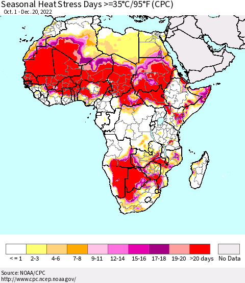 Africa Seasonal Heat Stress Days >=35°C/95°F (CPC) Thematic Map For 10/1/2022 - 12/20/2022
