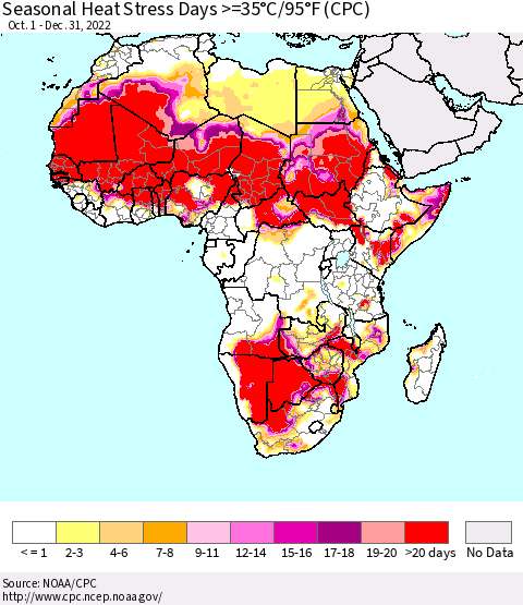Africa Seasonal Heat Stress Days >=35°C/95°F (CPC) Thematic Map For 10/1/2022 - 12/31/2022