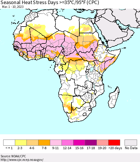 Africa Seasonal Heat Stress Days >=35°C/95°F (CPC) Thematic Map For 3/1/2023 - 3/10/2023