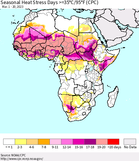 Africa Seasonal Heat Stress Days >=35°C/95°F (CPC) Thematic Map For 3/1/2023 - 3/20/2023