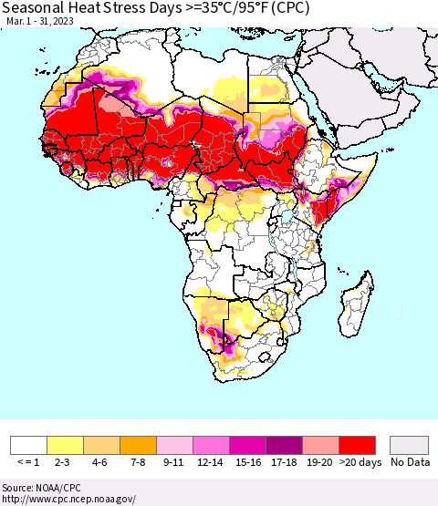 Africa Seasonal Heat Stress Days >=35°C/95°F (CPC) Thematic Map For 3/1/2023 - 3/31/2023