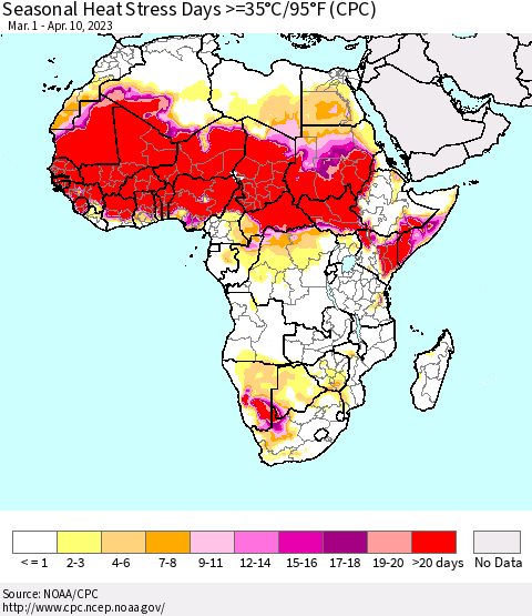 Africa Seasonal Heat Stress Days >=35°C/95°F (CPC) Thematic Map For 3/1/2023 - 4/10/2023