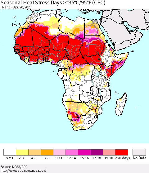 Africa Seasonal Heat Stress Days >=35°C/95°F (CPC) Thematic Map For 3/1/2023 - 4/20/2023
