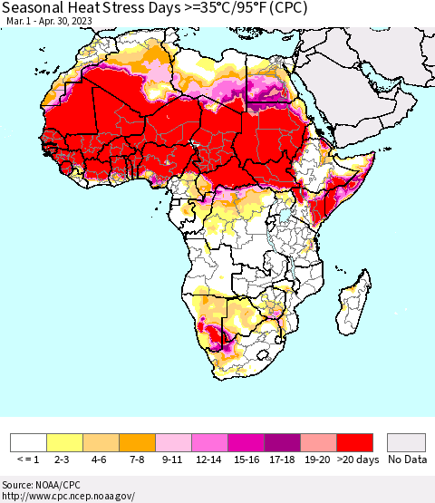 Africa Seasonal Heat Stress Days >=35°C/95°F (CPC) Thematic Map For 3/1/2023 - 4/30/2023