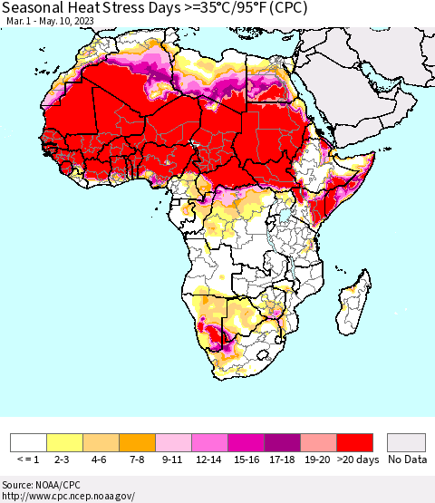 Africa Seasonal Heat Stress Days >=35°C/95°F (CPC) Thematic Map For 3/1/2023 - 5/10/2023
