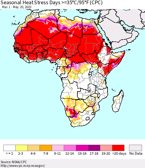 Africa Seasonal Heat Stress Days >=35°C/95°F (CPC) Thematic Map For 3/1/2023 - 5/20/2023