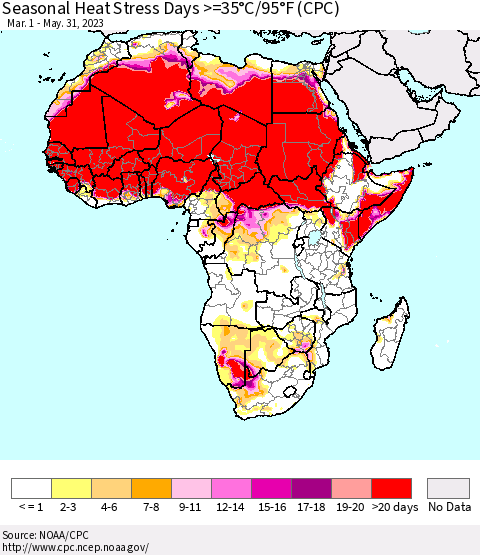 Africa Seasonal Heat Stress Days >=35°C/95°F (CPC) Thematic Map For 3/1/2023 - 5/31/2023
