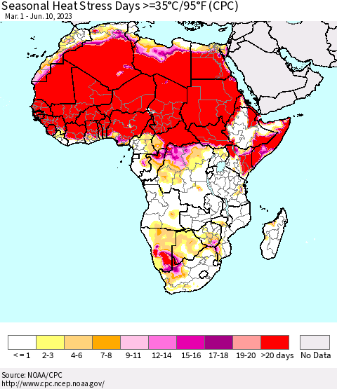Africa Seasonal Heat Stress Days >=35°C/95°F (CPC) Thematic Map For 3/1/2023 - 6/10/2023