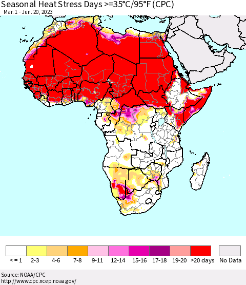 Africa Seasonal Heat Stress Days >=35°C/95°F (CPC) Thematic Map For 3/1/2023 - 6/20/2023