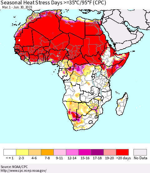 Africa Seasonal Heat Stress Days >=35°C/95°F (CPC) Thematic Map For 3/1/2023 - 6/30/2023