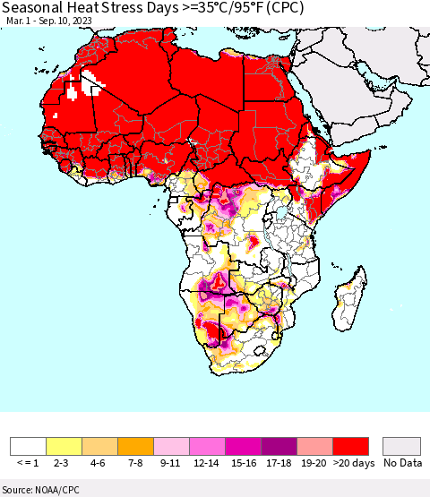Africa Seasonal Heat Stress Days >=35°C/95°F (CPC) Thematic Map For 3/1/2023 - 9/10/2023