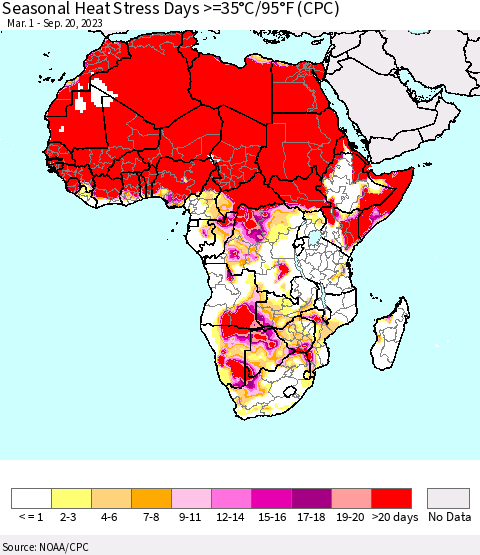 Africa Seasonal Heat Stress Days >=35°C/95°F (CPC) Thematic Map For 3/1/2023 - 9/20/2023
