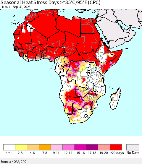 Africa Seasonal Heat Stress Days >=35°C/95°F (CPC) Thematic Map For 3/1/2023 - 9/30/2023