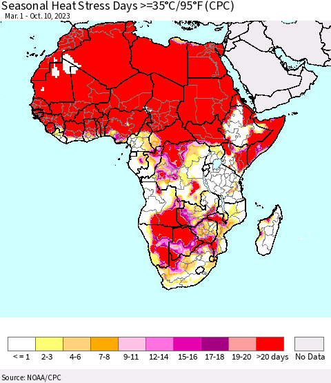 Africa Seasonal Heat Stress Days >=35°C/95°F (CPC) Thematic Map For 3/1/2023 - 10/10/2023