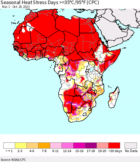 Africa Seasonal Heat Stress Days >=35°C/95°F (CPC) Thematic Map For 3/1/2023 - 10/20/2023
