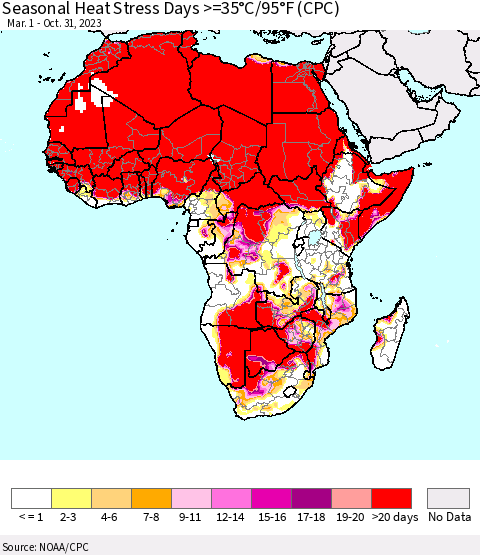 Africa Seasonal Heat Stress Days >=35°C/95°F (CPC) Thematic Map For 3/1/2023 - 10/31/2023
