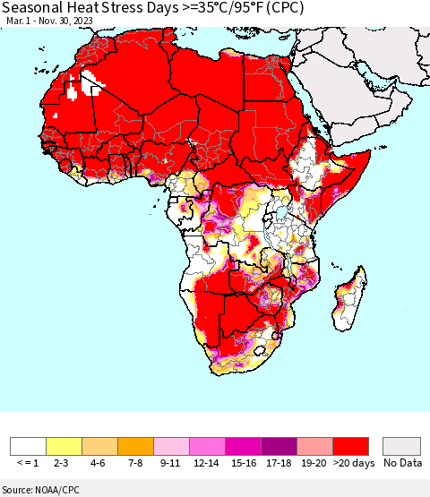 Africa Seasonal Heat Stress Days >=35°C/95°F (CPC) Thematic Map For 3/1/2023 - 11/30/2023