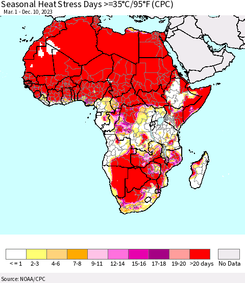 Africa Seasonal Heat Stress Days >=35°C/95°F (CPC) Thematic Map For 3/1/2023 - 12/10/2023