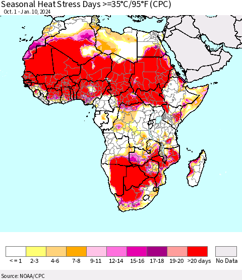 Africa Seasonal Heat Stress Days >=35°C/95°F (CPC) Thematic Map For 10/1/2023 - 1/10/2024