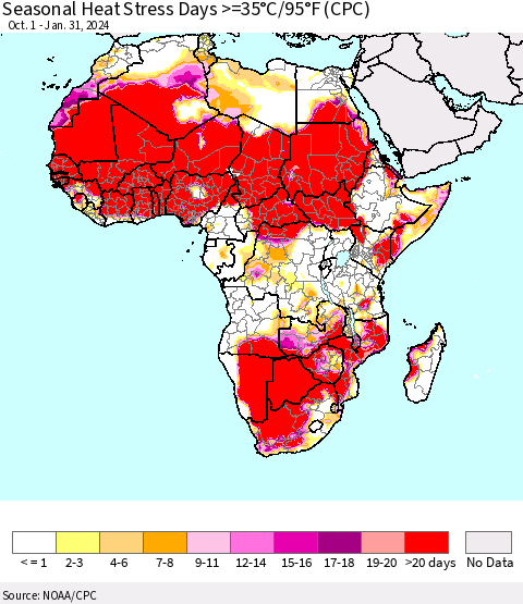Africa Seasonal Heat Stress Days >=35°C/95°F (CPC) Thematic Map For 10/1/2023 - 1/31/2024