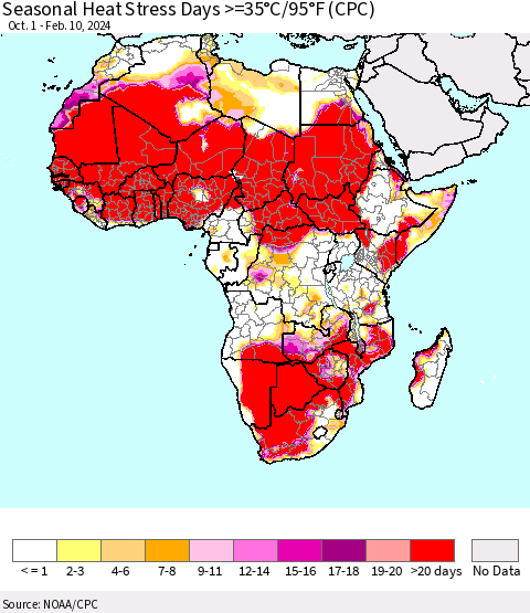 Africa Seasonal Heat Stress Days >=35°C/95°F (CPC) Thematic Map For 10/1/2023 - 2/10/2024