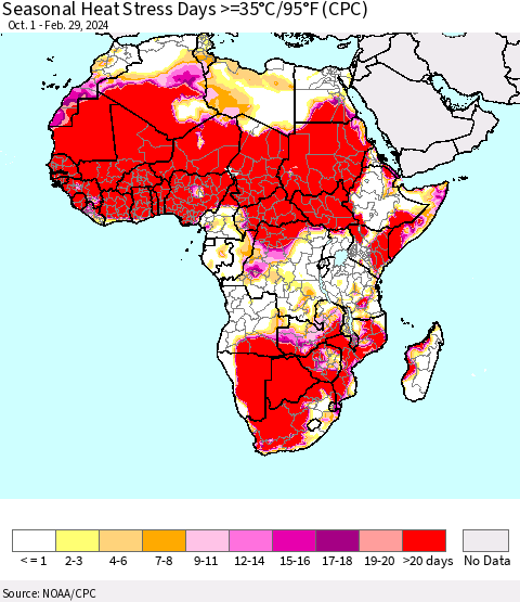 Africa Seasonal Heat Stress Days >=35°C/95°F (CPC) Thematic Map For 10/1/2023 - 2/29/2024