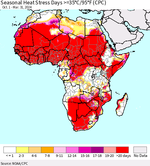 Africa Seasonal Heat Stress Days >=35°C/95°F (CPC) Thematic Map For 10/1/2023 - 3/31/2024