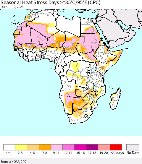 Africa Seasonal Heat Stress Days >=35°C/95°F (CPC) Thematic Map For 10/1/2023 - 10/10/2023