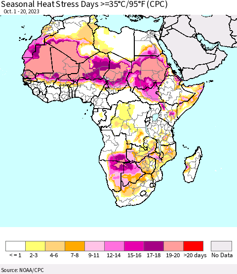 Africa Seasonal Heat Stress Days >=35°C/95°F (CPC) Thematic Map For 10/1/2023 - 10/20/2023