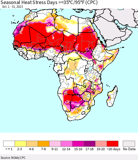 Africa Seasonal Heat Stress Days >=35°C/95°F (CPC) Thematic Map For 10/1/2023 - 10/31/2023
