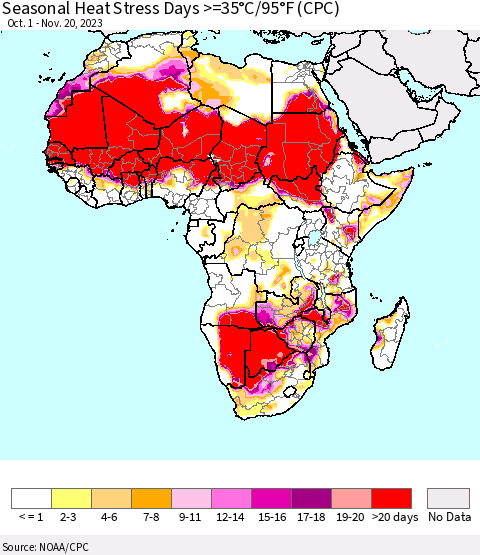 Africa Seasonal Heat Stress Days >=35°C/95°F (CPC) Thematic Map For 10/1/2023 - 11/20/2023