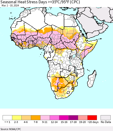 Africa Seasonal Heat Stress Days >=35°C/95°F (CPC) Thematic Map For 3/1/2024 - 3/10/2024